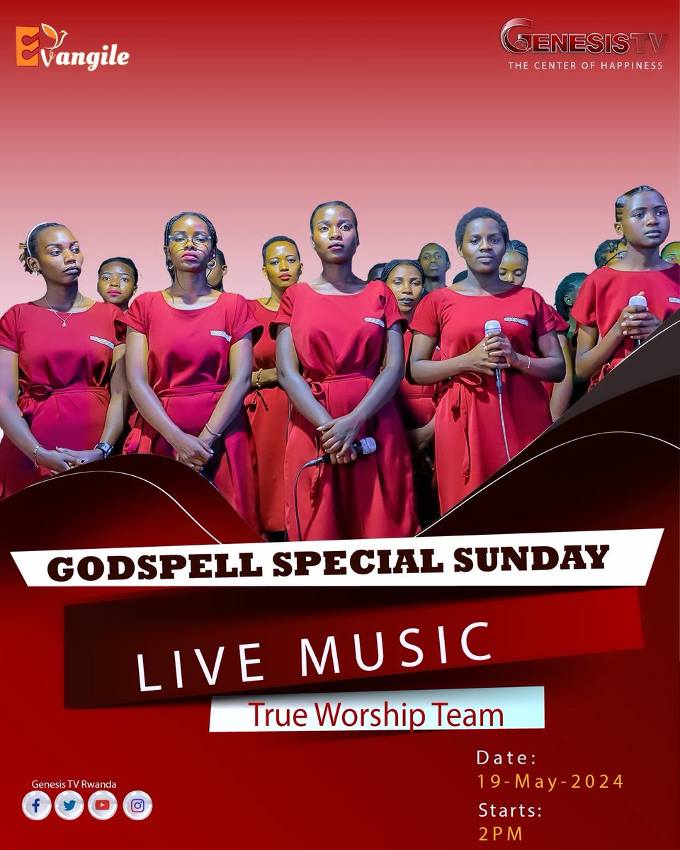 #EVANGILE Please be with us on this Pentecost day @TrueWorshipTeam will be performing live in the studios of Genesis TV Ch387 canal+ 

The Center of Happiness 
#Genesistv387 #Genesistvrwanda #GospelMusic #Gospelshow #RwOT #RwOX