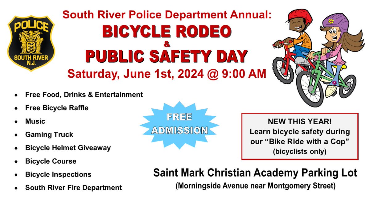 SouthRiverPD's tweet photo. Annual Bicycle Rodeo &amp; Public Safety Day - Saturday, June 1st, @ 9:00 AM (visit link for details) - https://t.co/zXLWFKow8v https://t.co/LlDpxYXzfU