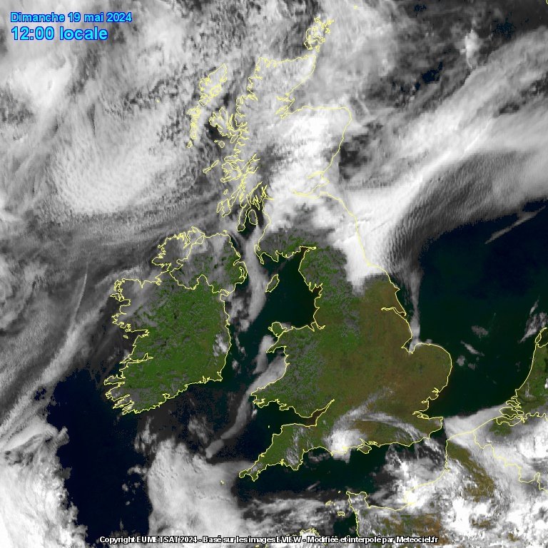 Satellite Image: A clear day currently with temperatures rising above 20°c quite widely now, risk of thunderstorms breaking out later today. 🌩