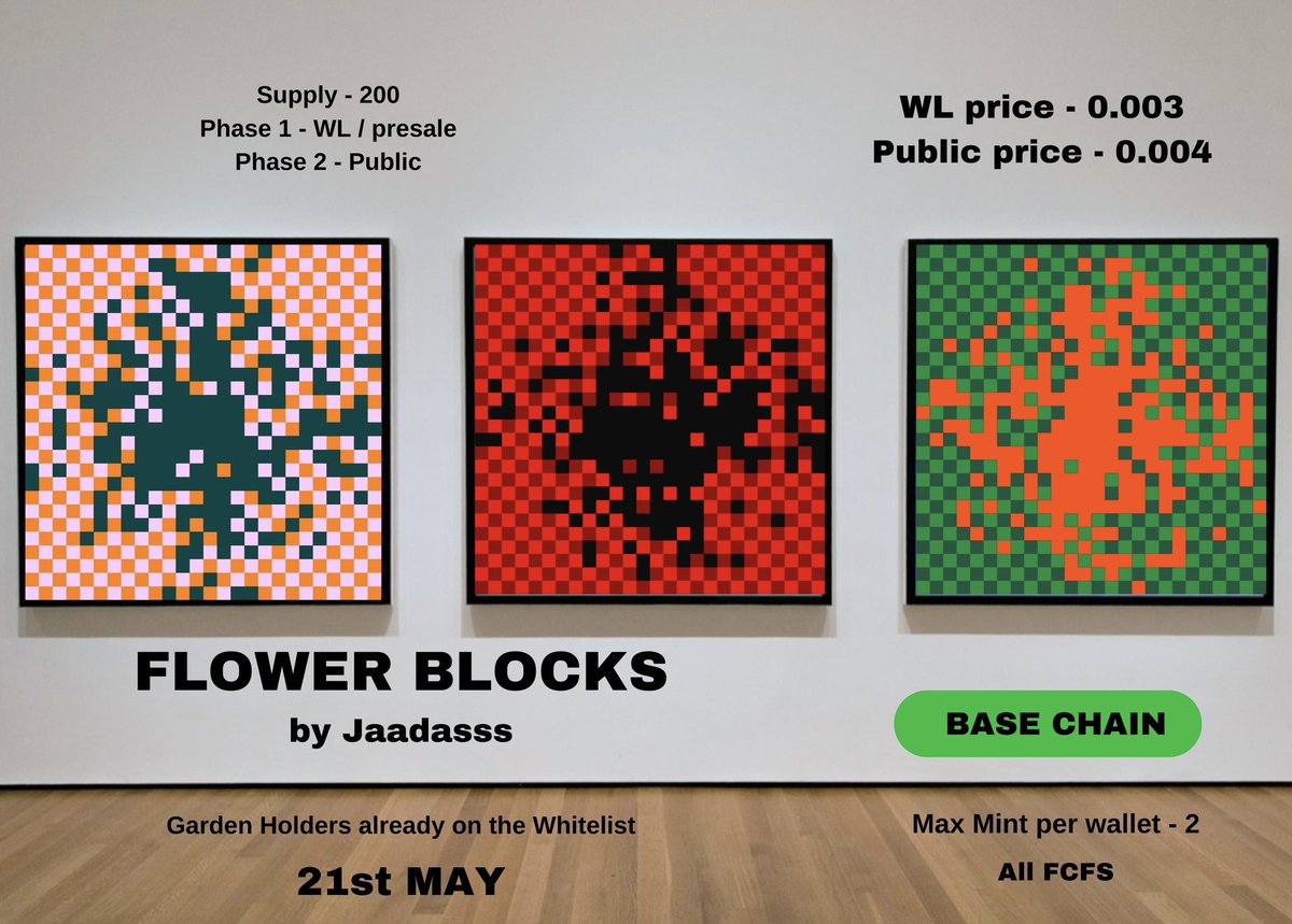 gm 💕 

Raindrop holders WL giveaway🔥

FLOWER BLOCKS by talented @jaadasss 

• 200 generative art 1/1 (p5js, javascript and  procreate)
• on 21st May
•15 WL spots
• drop your BASE wallet below