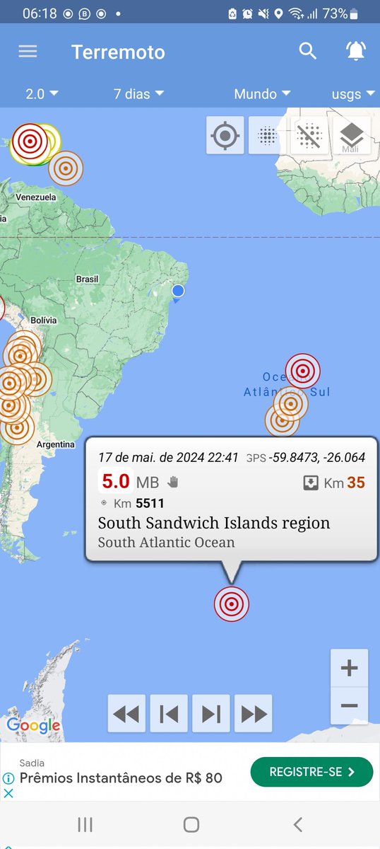 🚨🇧🇷 Terremotos no Atlântico, costas Brasileira e Africanas e você não vê as mídias soltarem essas informações, muito menos foram detectados pelo CSUSP, digo mais nada, apenas Prepare-se. 🤔🙄🙏🏻🙌🏻