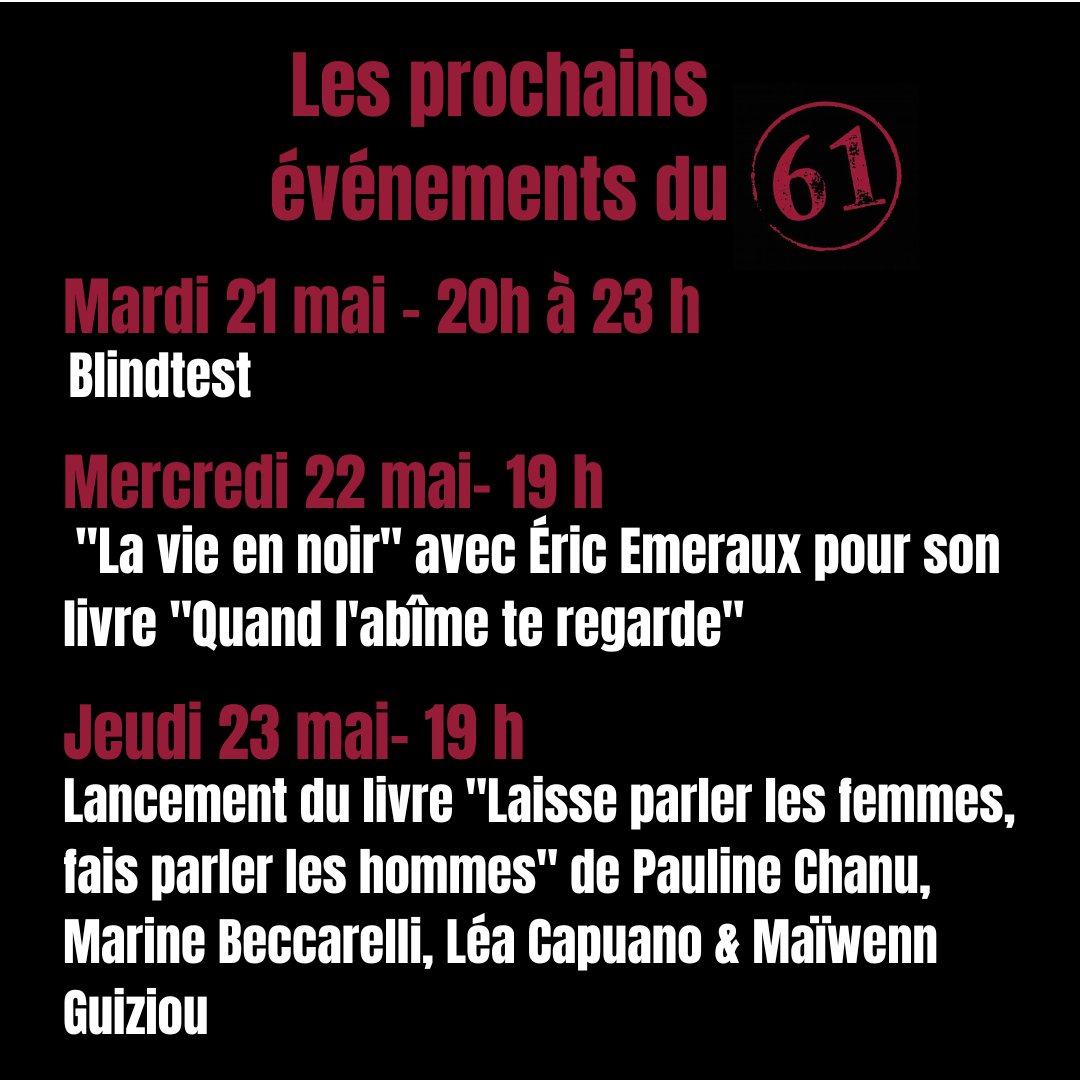 Le programme de la semaine prochaine au <a href="/61/">.</a>.paris avec <a href="/EricEmeraux/">Eric Emeraux</a>  &amp; <a href="/karenlajon/">karen lajon</a> , <a href="/PaulineChanu/">Pauline Chanu</a>  , <a href="/MarineBeccarell/">Marine Beccarelli</a>  , <a href="/leacapuano/">Léa Capuano</a>  &amp; <a href="/MaiwennGuiziou/">Maïwenn Guiziou</a> 

Entrée libre, comme d'habitude !

Bar 61, 3 rue de l'Oise, 75019
