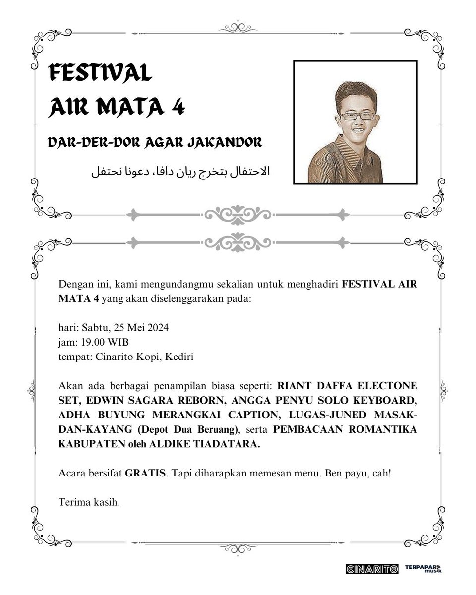 FESTIVAL AIR MATA 4: DAR-DER-DOR AGAR JAKANDOR

Sabtu depan, di Cinarito Kopi, Kediri. Dalam rangka lulusan @riantdaffa.

SILA HADIR.