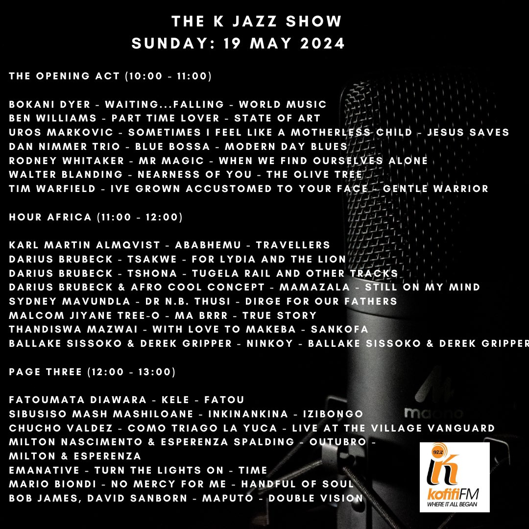 officialngwako's tweet photo. Sundays at Kofifi.
As always… A great pleasure to be with you.
Til soon.
#SundaysAtKofifi
#JazzOnTheRadio
#JoyOfJazz
#PlayingTheChanges
#TKJS https://t.co/I8CJreKU5r