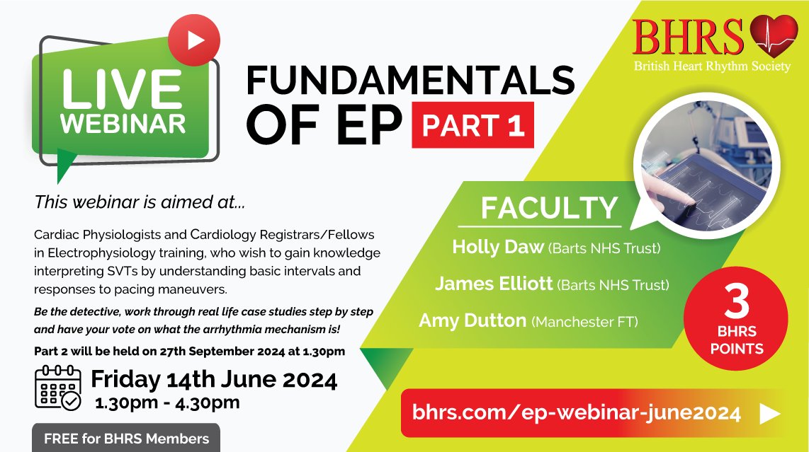 Registration is OPEN for 'Fundamentals of EP' (PART 1) webinar on Friday, June 14th at 1:30 PM! 

Dive into real-life case studies, play the detective, and cast your vote on the arrhythmia mechanism! 

REGISTRATION bhrs.com/ep-webinar-jun…

#BHRSwebinar #EP