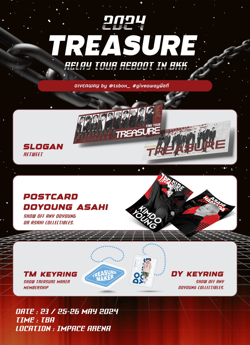 - pls rt -

˗ˏˋ giveaway ´ˎ˗ #giveawayพีชที

♡ slogan #TREASURE
♡ #TREASUREMAKER keyring

Special for #KIMDOYOUNG&amp; #ASAHI bias
♡postcard
♡ acrylic keyring

＊ กติกาการแจก ตามภาพ ＊

#Giveaway_RebootinBKK
#TREASURE_REBOOT_IN_BKK
#TREASURE_REBOOT_IN_BANGKOK
#ตลาดนัดtreasure