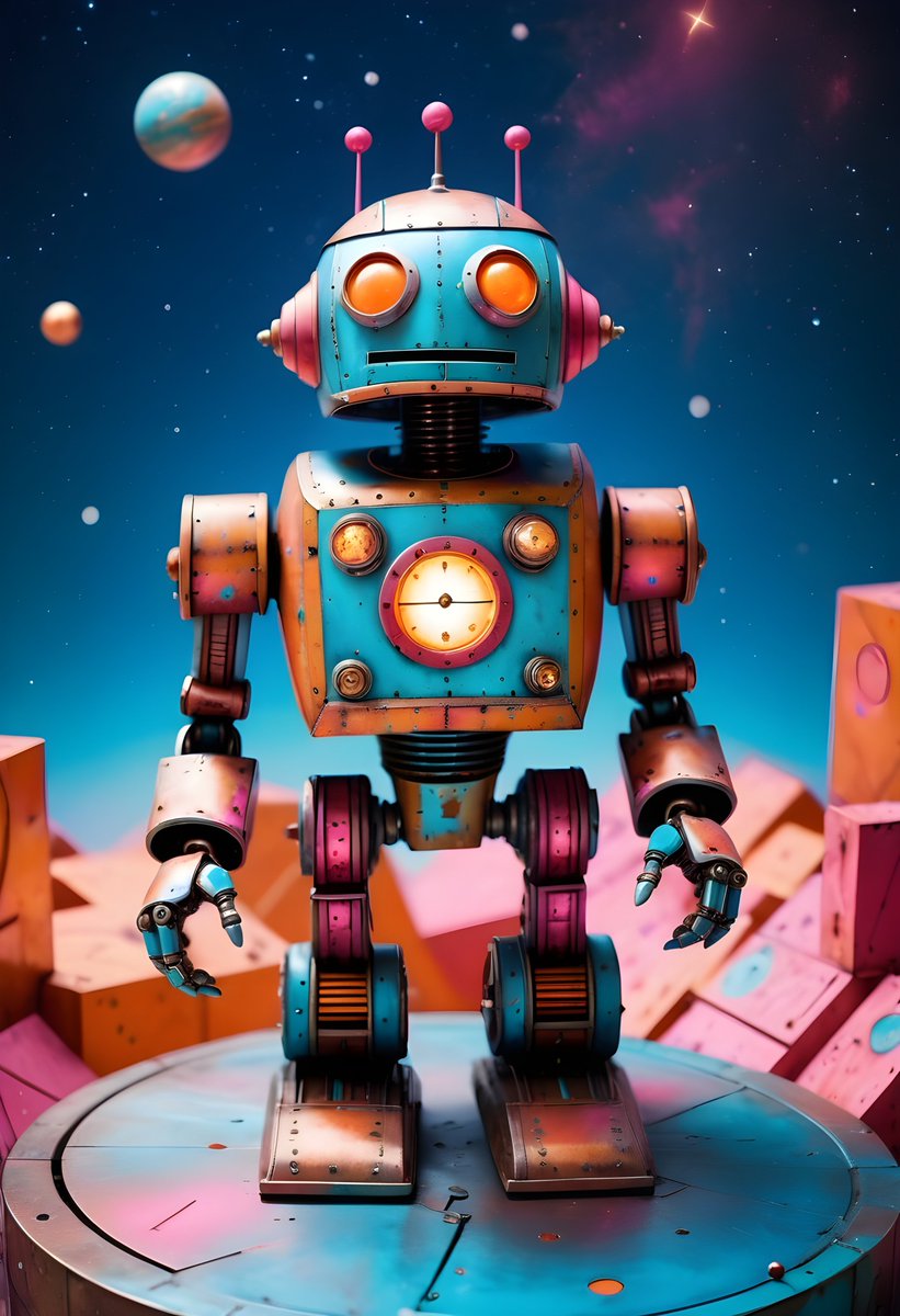 heathergreen's tweet photo. Used this prompt idea from @ai_artworkgen  here -  https://t.co/mTboDoBpja and then added a little to it using @freepik Ai Image Generator and here's the results... 🤖
👉Prompt is in the ALT
#promptshare  #AIart #aigenerated #aiartistcommuity #toyrobot #robot #freepik https://t.co/tOkLo5bTf0