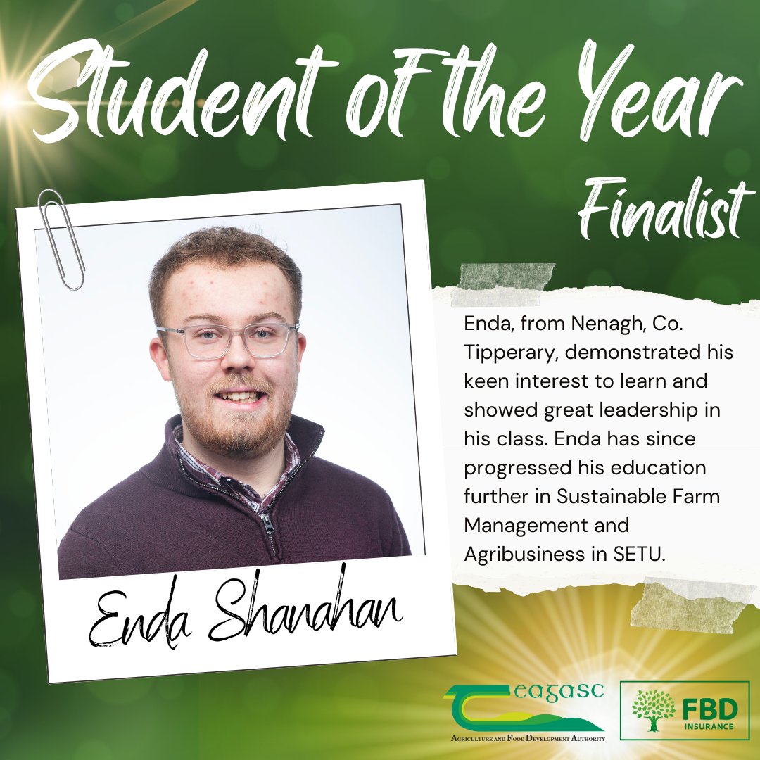 Enda Shanahan is a finalist in the Teagasc/ FBD Student of the Year Awards. Enda was a very pleasant student and expressed a great interest in his course, showing a keen interest to learn and develop new skills. Find out more bit.ly/3oSckYp @fbd_ie