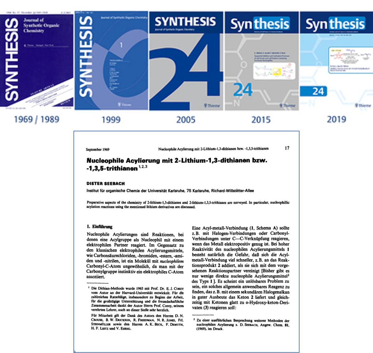 🌟 SYNTHESIS was founded in 1969 by Thieme @ThiemeGruppe and the editors Gottfried Schill, Manfred Schlosser, George Sosnovsky and Herbert Ziegler🌟 The first issue contained a review by Dieter Seebach on nucleophilic #acylation, known as #Umpolung 😍 👉brnw.ch/21wJVjK