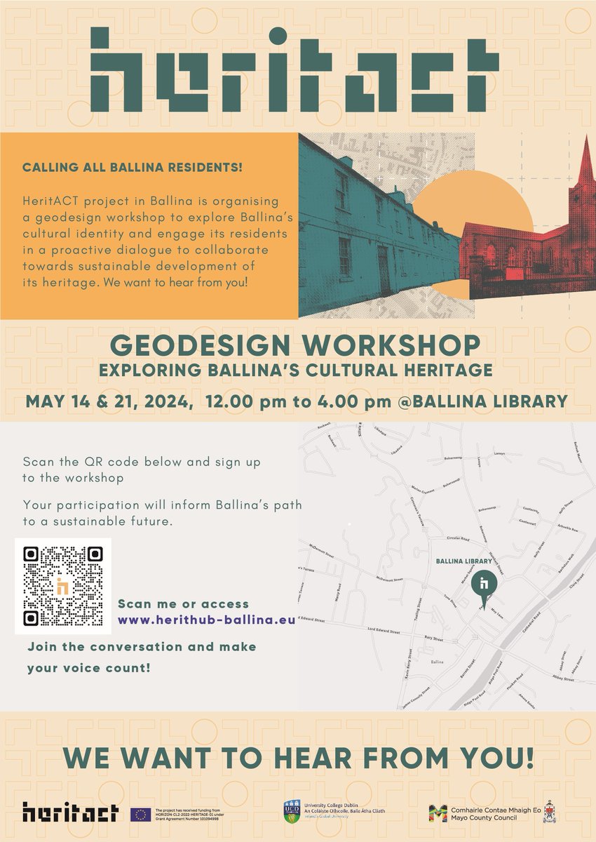 Visit @MayoLibrary in Ballina on May 21st for the 'Geodesign Workshop - Exploring Ballina's Cultural Heritage' as part of the HeritACT project in Ballina. Register your interest now here: storymaps.arcgis.com/stories/57382c…