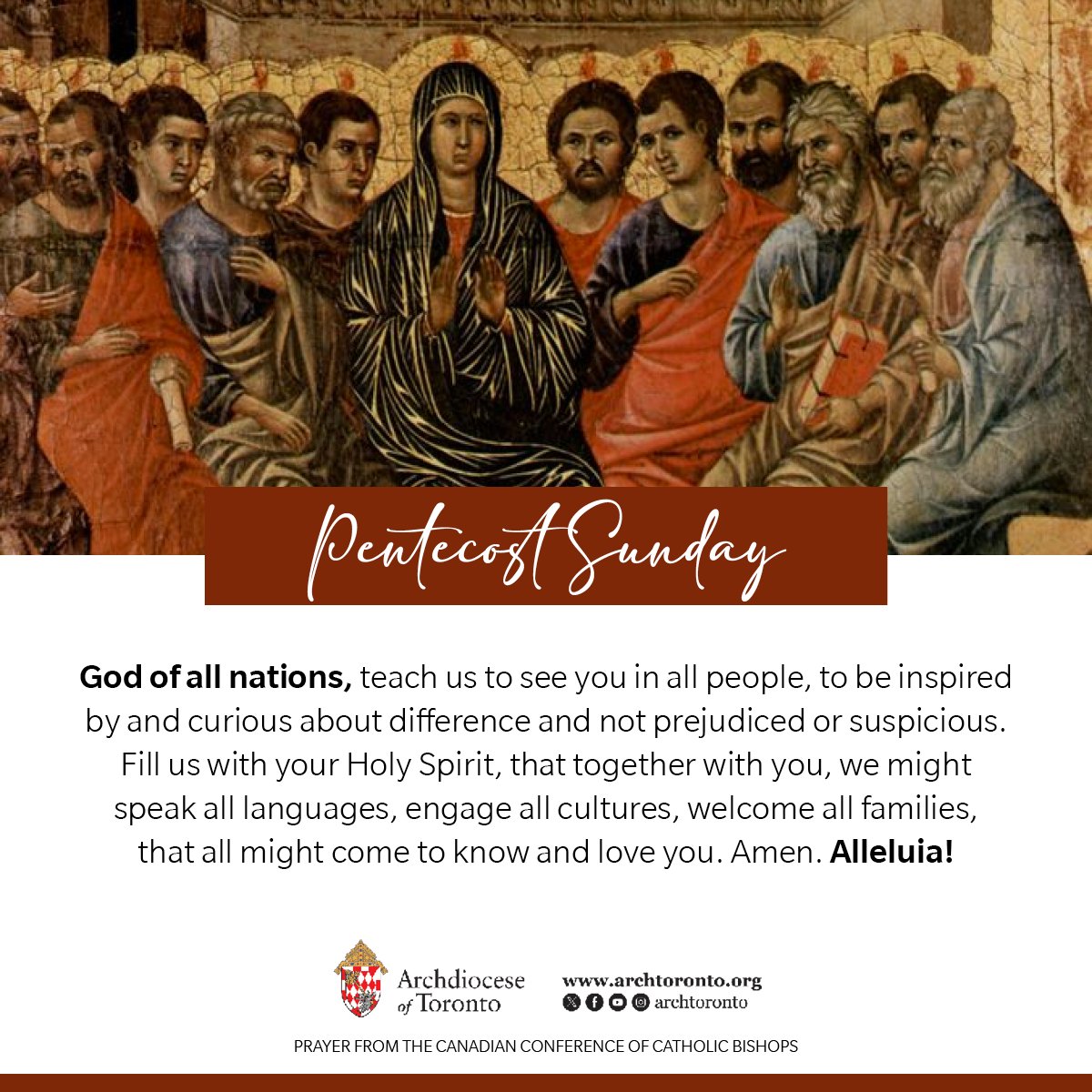 God of all nations, teach us to see you in all people, to be inspired by and curious about difference and not prejudiced or suspicious. Fill us with your Holy Spirit, that all might come to know and love you. Amen. Alleluia! @CCCB_CECC #Pentecost