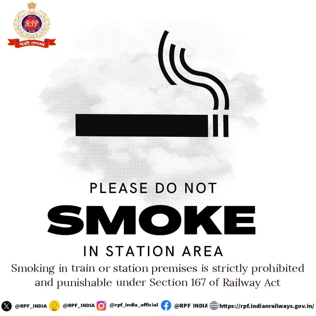 Smoking in railway stations or on trains isn’t just harmful, it's also against the law.
Keep our public spaces safe and clean.  #RespectTheRules #HealthyTravel @RailMinIndia