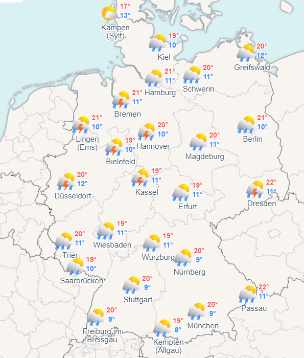 #WetterHeute Unwettergefahr am Nachmittag durch starke Gewitter, teilweise mit Starkregen! Passt gut auf Euch auf!🤓  🗺️ Mehr Wetterkarten unter: daswetter.com/wetterkarten/