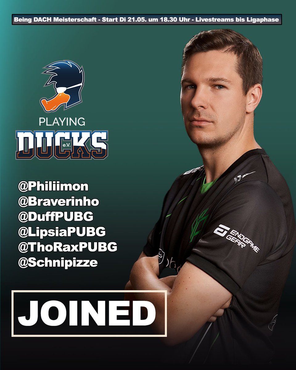 Na dann kann die <a href="/BeingEsportsGER/">BEING ESPORTS DACH</a> Meisterschaft ja losgehen. 🤝

(っ◔◡◔)っ ♥ team: ♥ 

<a href="/braverinho/">Braverinho</a> 
<a href="/DuffPUBG/">Duff</a> - IGL
<a href="/LipsiaPUBG/">Lipsia</a> 
<a href="/ThoRaxPUBG/">ThoRax</a> 
<a href="/schnipizze/">schnipizzel</a> 

#pubg #pubgpartner #pubgesports <a href="/PlayingDucks/">Playing-Ducks e. V. 🇩🇪🦆</a>