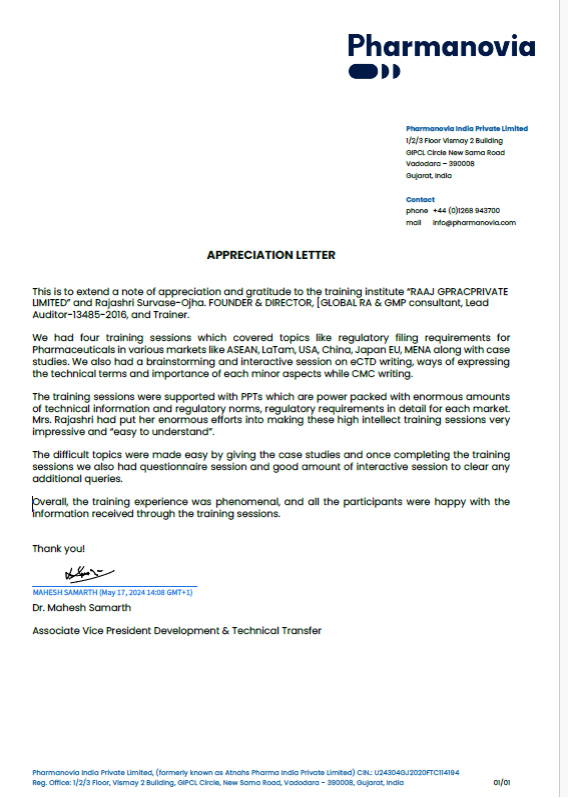 rajashrio's tweet photo. Am thrilled to share the 'Appreciation Letter' recd for delivering training sessions on various topics to over 35 participants globally. 
Global Regulatory Filings in markets
-LATAM
-USA
-EUROPE
-ASEAN
-CHINA
-JAPAN
-MENA
-CMC/Technical writing &amp; Review Skills
-CTD/eCTD/NeeS/ACTD https://t.co/kJwVIuihzZ