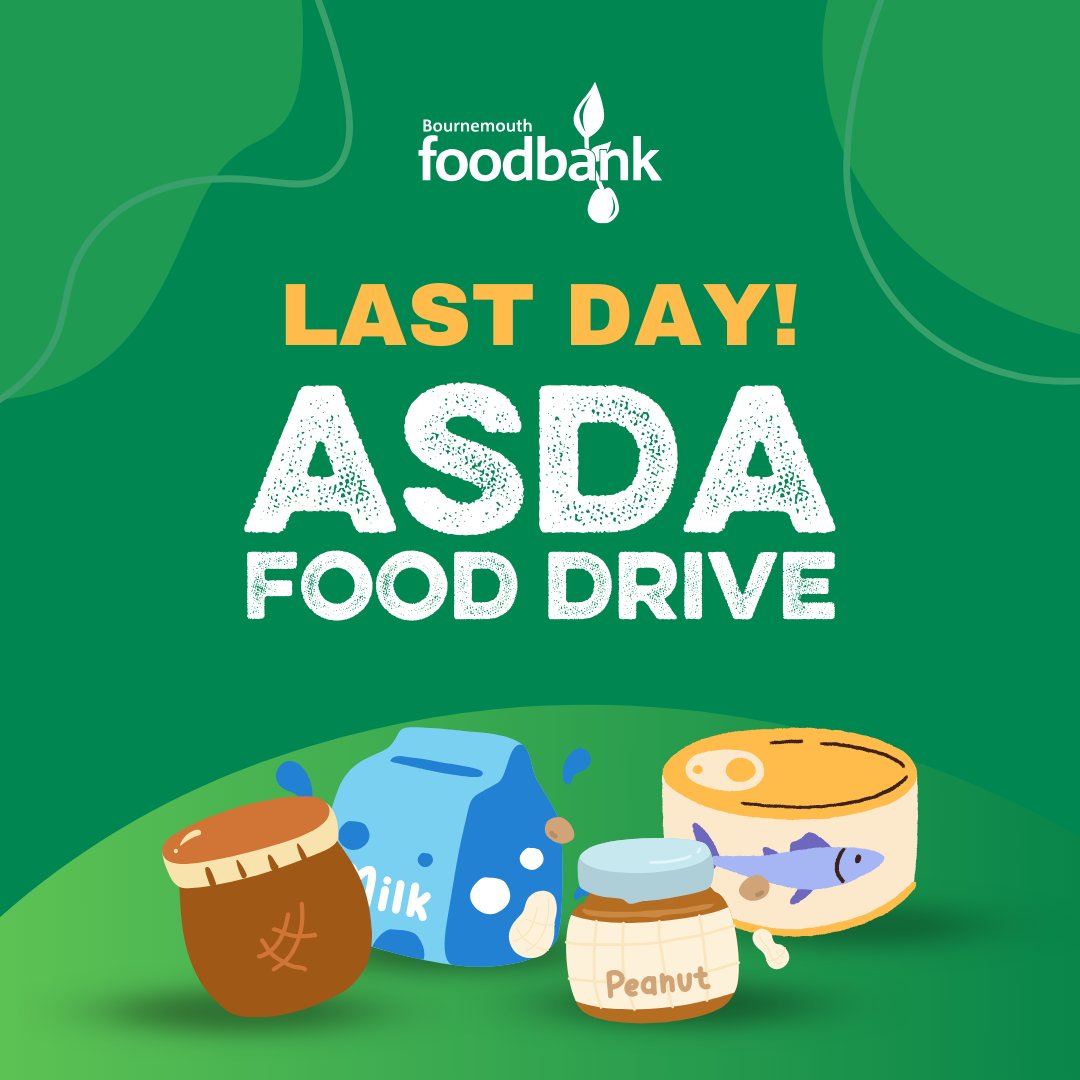 Final Day at ASDA Bournemouth and Castlepoint! Join us for the last day of the ASDA National Food Drive. Donate food and toiletries to Bournemouth Foodbank and support local families in need. Every donation matters! 💚 #FeedBournemouth #FoodbankLove @asda