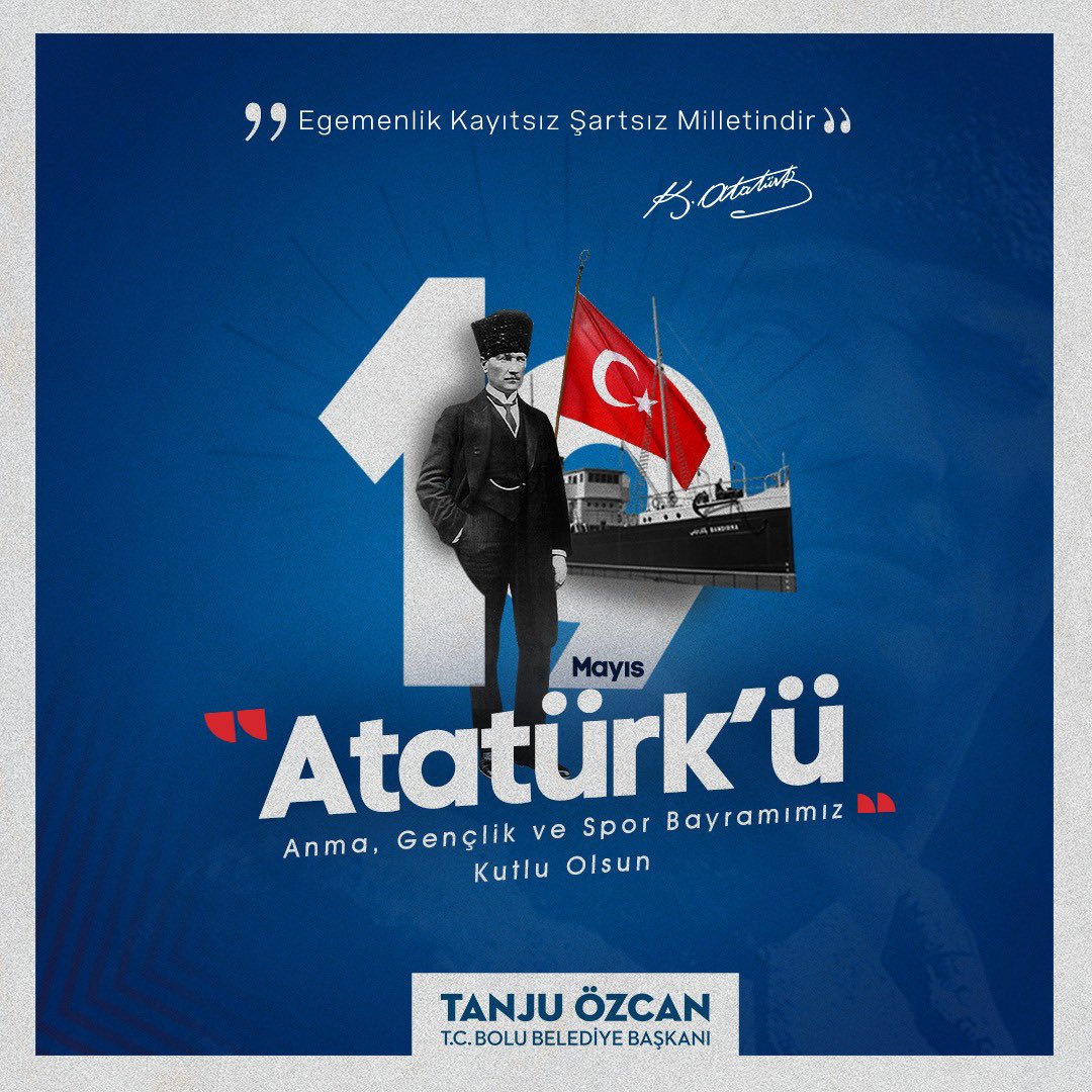 Bugün, Cumhuriyetimizin kurucusu Ulu Önder Gazi Mustafa Kemal Atatürk’ün, Samsun’dan başlayarak tüm Anadolu’ya yayılan bir kurtuluş ve bağımsızlık meşalesi yaktığı gündür. 19 Mayıs Atatürk’ü Anma, Gençlik ve Spor Bayramımız kutlu olsun.