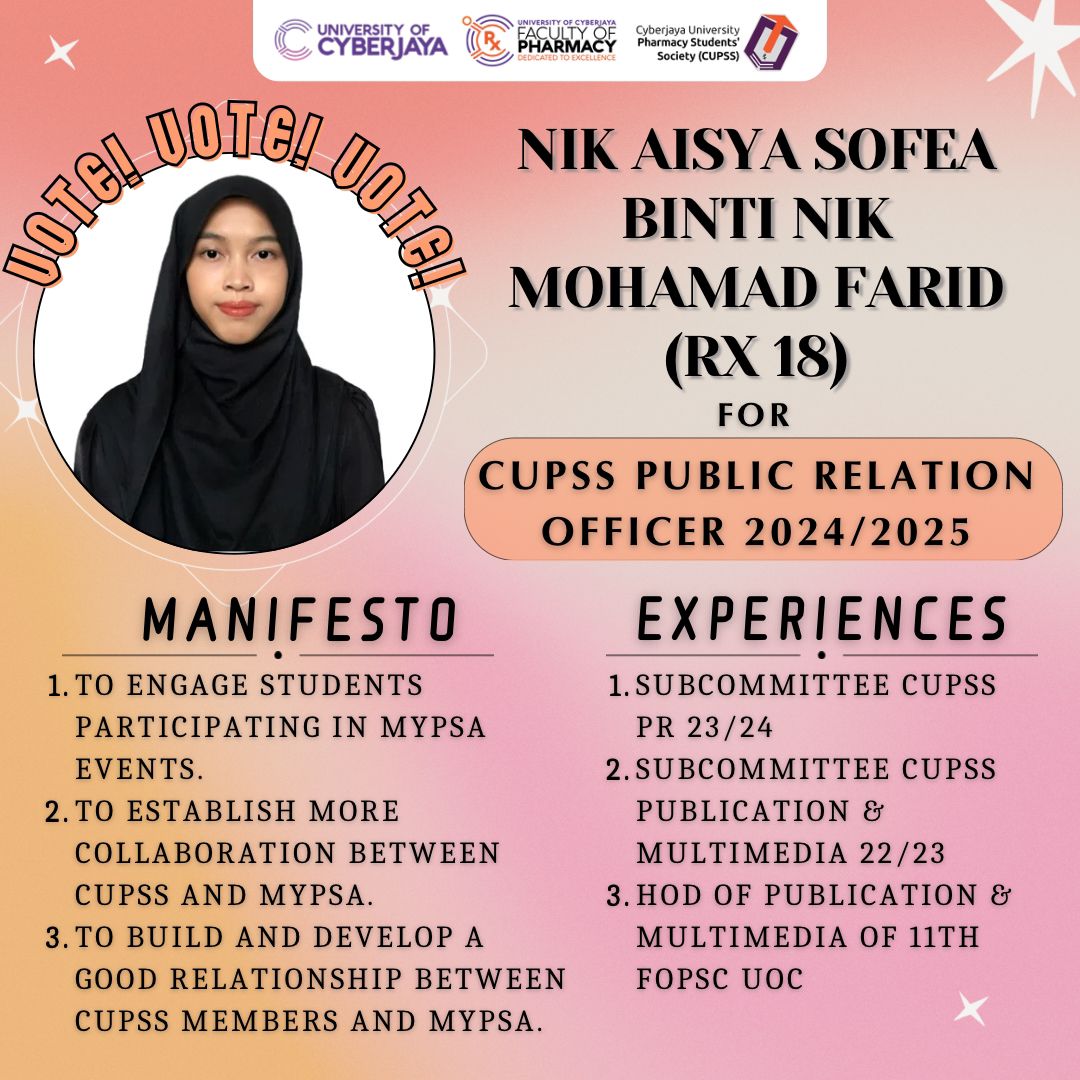 Salam and Greetings Pharmily!✨ We are pleased to announce the nominees for CUPSS Public Relations Officer 2024/2025!🥳🎉 We wish you all the best and good luck.🥰 Best Regards, CUPSS 2023/2024