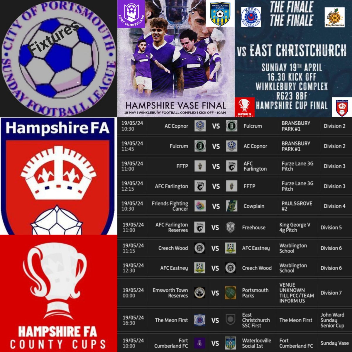⚽️ Sunday Fixtures ⚽️
    @the_portsmouth 

What a 🏆day for, @fortcumberland v @VilleSocialFC at 10.0am
.. and @FcMeon at 4.30pm

All the best at @WinkleburyHFA in the @HFA_CountyCups #Finals 👏

.. and enjoy the #League games, for those teams playing 👍