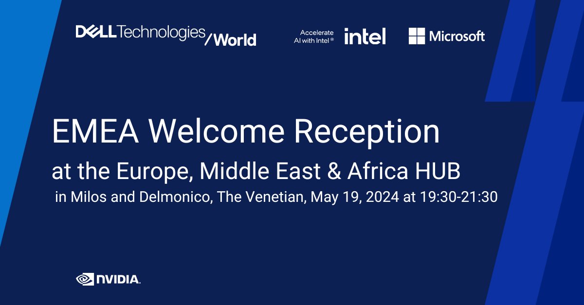 At #DellTechWorld in Las Vegas on Sunday the 19th? Don't miss the EMEA Welcome Reception, an exclusive evening at the Europe, Middle East and Africa Hub from 19:30. Hurry - register today : dell.to/4dJjV0h  #iwork4dell