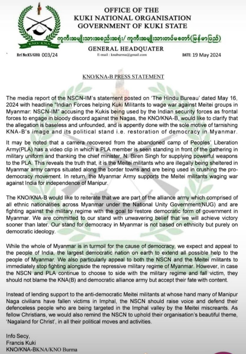 The KNO/KNA-B has responded to the NSCN-IM's allegation that the KNO-B is waging war against Meitei groups in Myanmar. They clarified that the allegation is baseless, and it was made with the sole motive of tarnishing KNA-B's image and its political stand. KNO-B reiterated