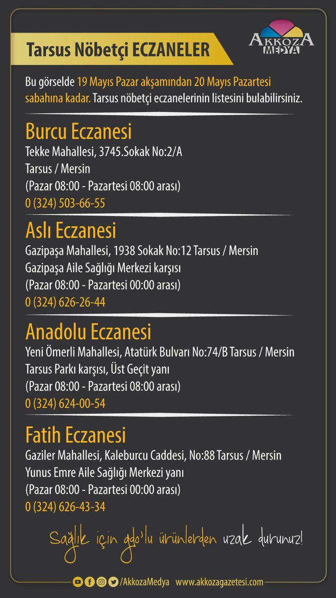 19.05.2024 Akkoza Gazetesi, Akkoza Medya Mersin/ Tarsus Nöbetçi Eczaneler #eczaneler #Nöbetçi #Tarsus #akkoza #akkozamedya