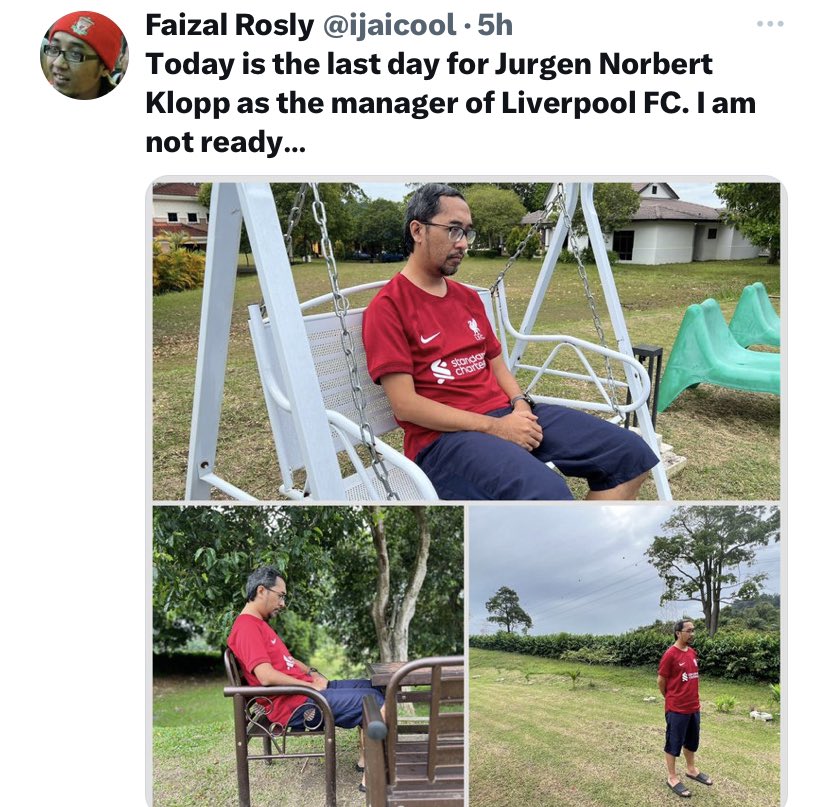 ‘Where’s your Dad?’ ‘He’s been out all morning sitting on stuff and taking pictures of himself looking thoughtful about the managerial change taking place at a football club 12,000 miles away’ ‘Right, so he hasn’t creosoted the fence like I asked him to?’