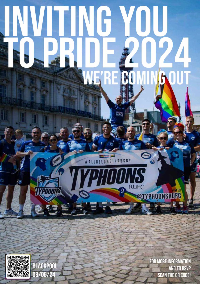 🏳️‍🌈Blackpool Pride 2024🏳️‍🌈 📢📢Calling All IGR Clubs📢📢 Typhoons RUFC would like to extend an invite to join us for Blackpool Pride on the 8th June '24! Interested? Fill out the following form (or scan the QR code on the poster) and we'll be in touch! forms.office.com/Pages/Response…