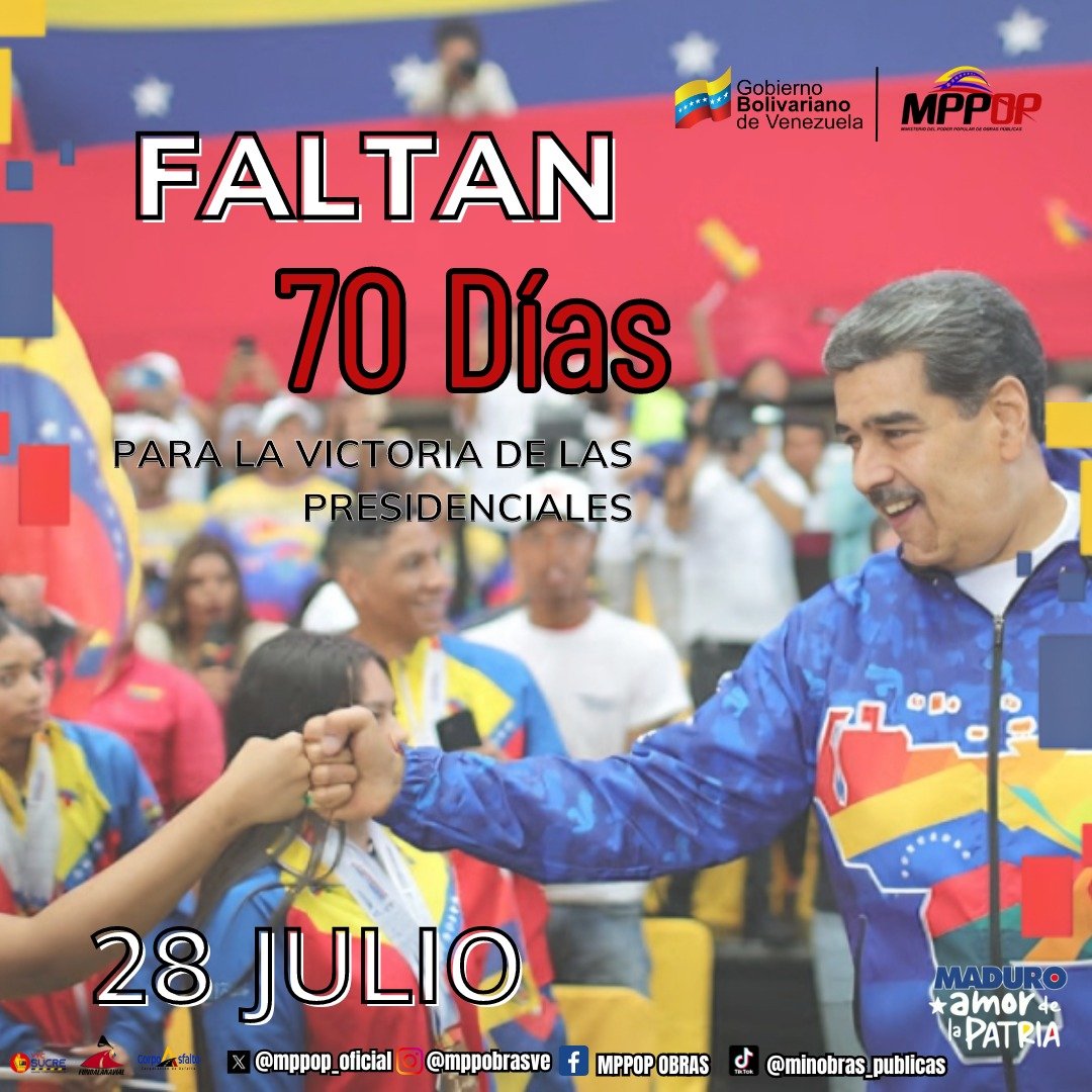 MPPOPOFICIAL (@mppop_oficial) on Twitter photo 🗓️ ¡FALTAN 70 DÍAS! Salgamos éste #28Julio a darle máximo apoyo a nuestro conductor de Victorias <a href="/NicolasMaduro/">Nicolás Maduro</a> 💪🏽🇻🇪 Aquí estamos activos para la "VENEZUELA NUESTRA" SIGLO XXI 🇻🇪
.❤️
.🔁
.⬆️
<a href="/GRaulparedes/">Gral. Raúl Paredes</a>
#YoSigoAMaduro 🗓️ ¡FALTAN 70 DÍAS! Salgamos éste #28Julio a darle máximo apoyo a nuestro conductor de Victorias <a href="/NicolasMaduro/">Nicolás Maduro</a> 💪🏽🇻🇪 Aquí estamos activos para la "VENEZUELA NUESTRA" SIGLO XXI 🇻🇪
.❤️
.🔁
.⬆️
<a href="/GRaulparedes/">Gral. Raúl Paredes</a>
#YoSigoAMaduro