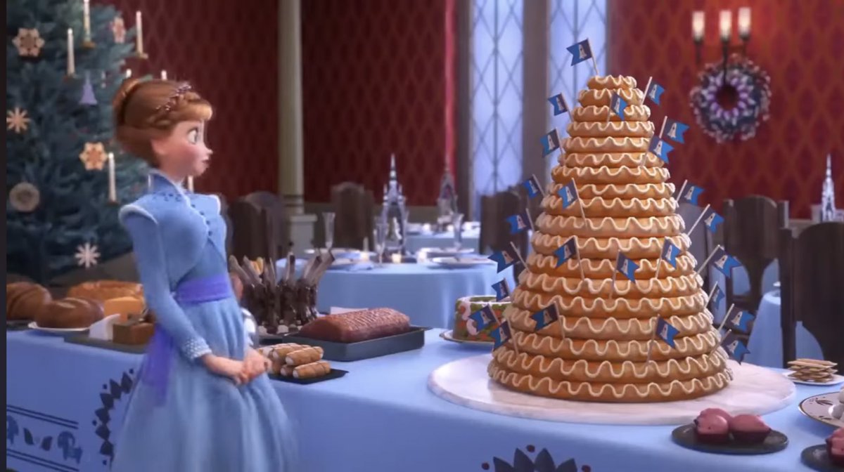 アナとエルサのフローズンジャーニーでKai が持ってるケーキとアレンデール・ロイヤルバンケット内にあるブタのスイーツは、短編『アナと雪の女王/家族の思い出』のこのシーンに出ています。