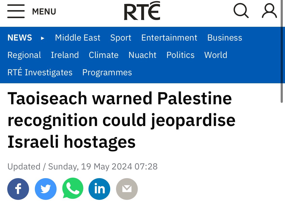 Hopefully the Taoiseach told him to f*ck off. Recognising Palestine provides legal rights to PROTECT people suffering genocide That Israel is now spinning this as somehow about them again is pathetic but unsurprising. Israel holds hundreds of times more hostages, many tortured