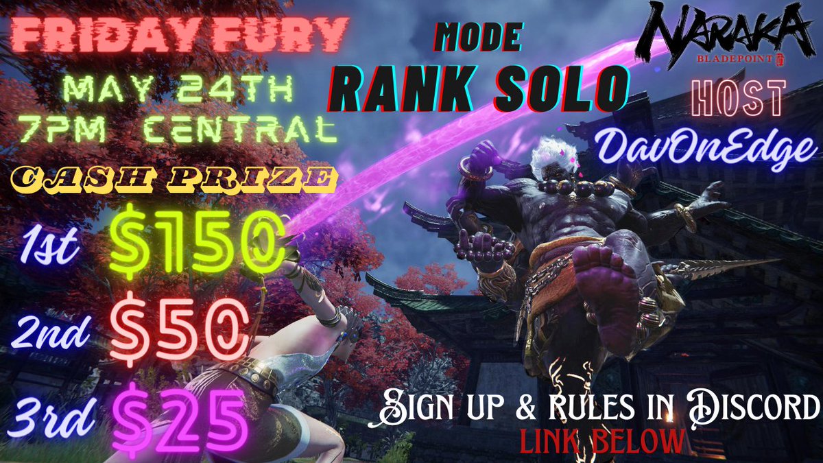 It's On!! - Friday Fury is going down with prizes for chat, drip contests, Tshirt giveaways & More. Swing by for all the action. Sign up: discord.com/invite/SApmuadD Backed by @NARAKATHEGAME & Us. LIVE > twitch.tv/DavOnEdge  #narakabladepoint #fridayfury #edgeforce #hustlesmiths