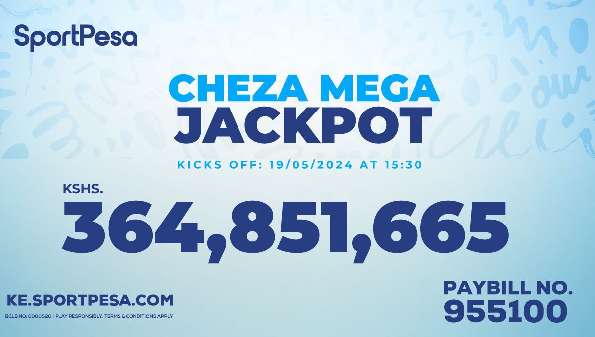 KICK-OFF ya Hii Sportpesa Mega Jackpot itaanza 3:30PM.
Cheque iko set Inangoja tu jina yako!

Fanya vile Abisai, Korir & Ogada walifanya >>> spp.ke/MegaJackpot

#ShindaMoreNaSportPesa