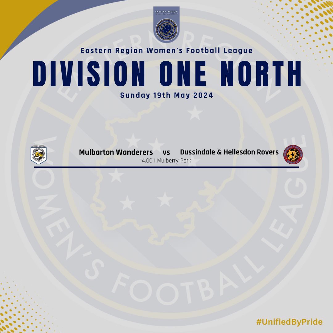 𝐌𝐀𝐓𝐂𝐇𝐃𝐀𝐘 | Division One North The final game of the season is upon us with a Norfolk Derby. Will Dussindale & Hellesdon Rovers claim the title or will Mulbarton Wanderers spoil the party? #UnifiedByPride