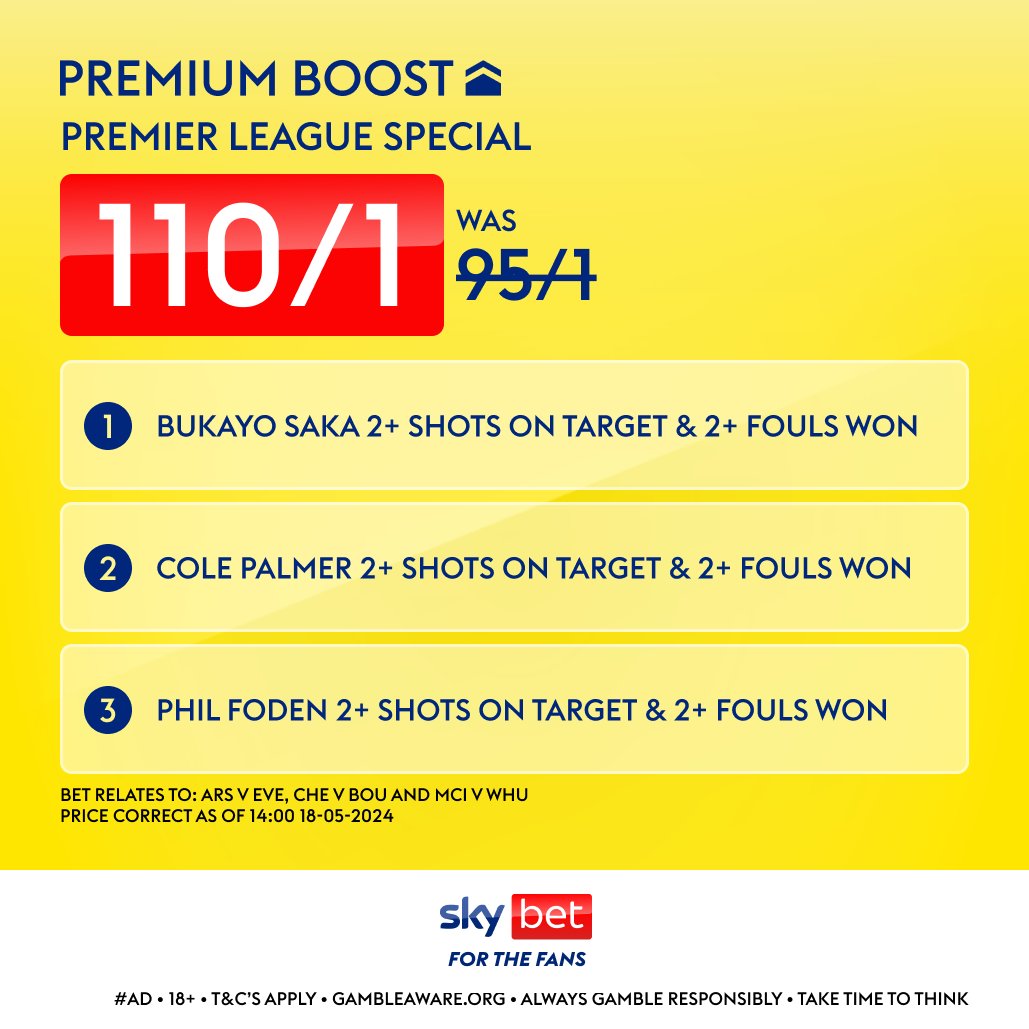 FootyAccums's tweet image. We've picked out a shots on target &amp;amp; fouls won boost treble for today 🎯✅

🔴 Saka vs. Everton
🔵 Palmer vs. Bournemouth
🔵 Foden vs. West Ham

110/1 exclusive link HERE &amp;gt;&amp;gt;&amp;gt; 
footyaccums.bet/PremBoost190524

#Ad | 18+ | GambleAware