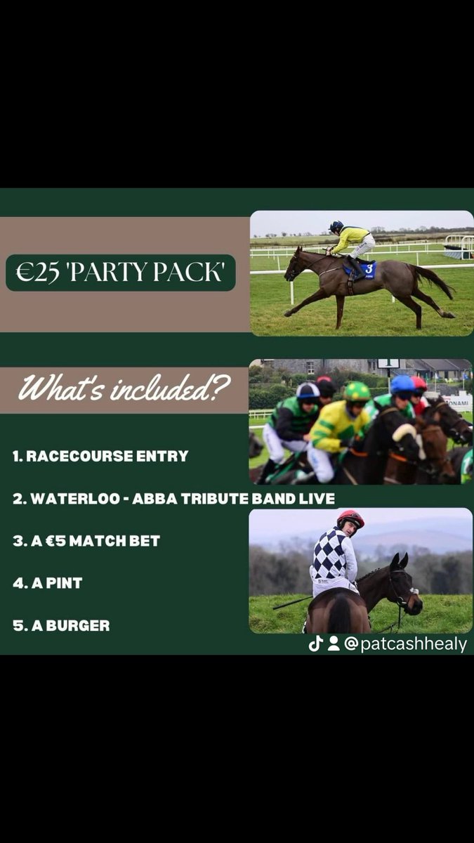 Great Value Folks for Listowel Races Saturday 1st June 👏 Here 𝐢𝐬 𝐰𝐡𝐚𝐭 𝐢𝐬 𝐢𝐧𝐜𝐥𝐮𝐝𝐞𝐝 𝐢𝐧 𝐨𝐮𝐫 €𝟐𝟓 '𝐏𝐚𝐫𝐭y 𝐏𝐚𝐜𝐤'! 🤝Racecouse Entry 💃🏻Enjoy Waterloo - ABBA Tribute/Proud Mary Live from 4.30PM 💶A €5 match bet 🍺A Pint 🍔 A Burger