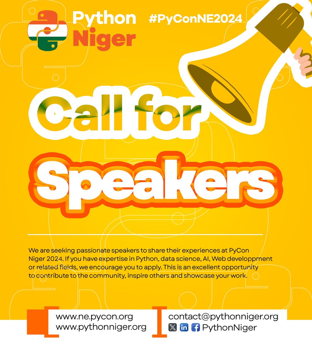 PythonNiger's tweet image. Do you want to speak at @PyConNiger 2024
Send us an Email via contact@pythonniger.org
Or call at +22783450004

#PyConNE2024
#PyConNiger 
#PythonNiger
