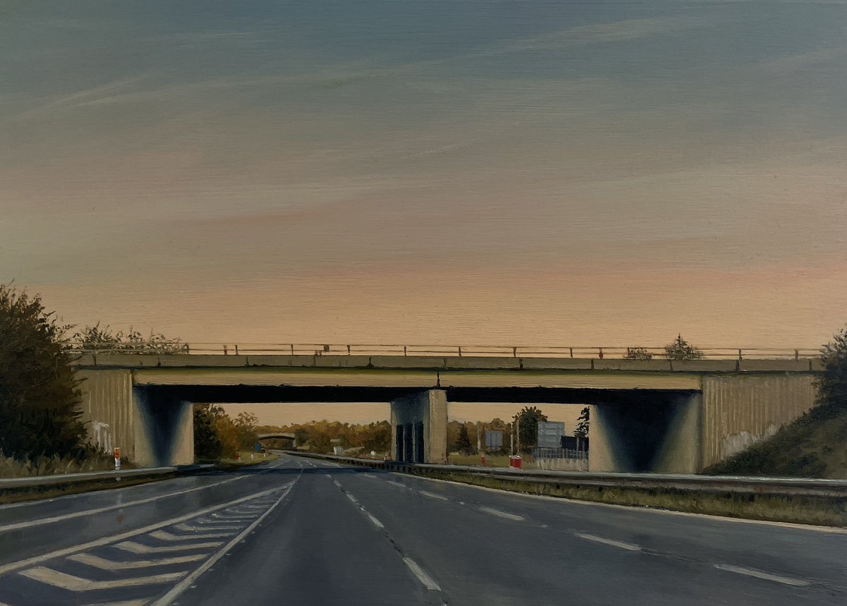 Pink Sky Drive Oil on cradled panel 15x21cm It looks like it’s gonna be a beaut of a day and maybe a sunset like this later. If you’re getting on the road today, safe travels. ☀️🥰 #painting #art #ArtistOnTwitter #MotorwayArt #grimartgroup