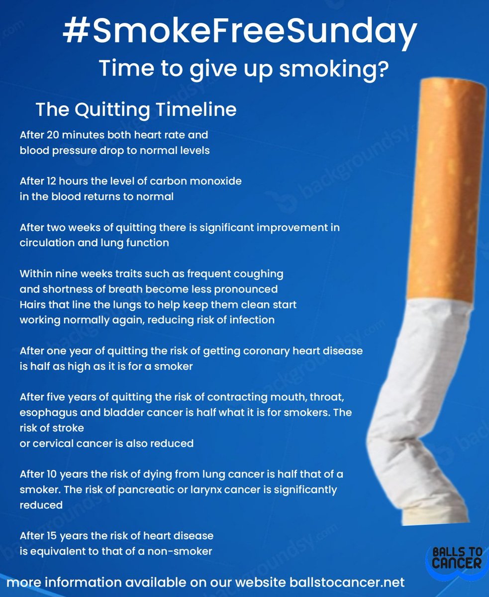 It's #SmokeFreeSunday please consider giving up. You can start returning your body to normal almost immediately, giving you a longer, healthier and better life. Lung cancer is the biggest danger from smoking check out the signs and symptoms ballstocancer.net/lung-cancer #Ballstocancer
