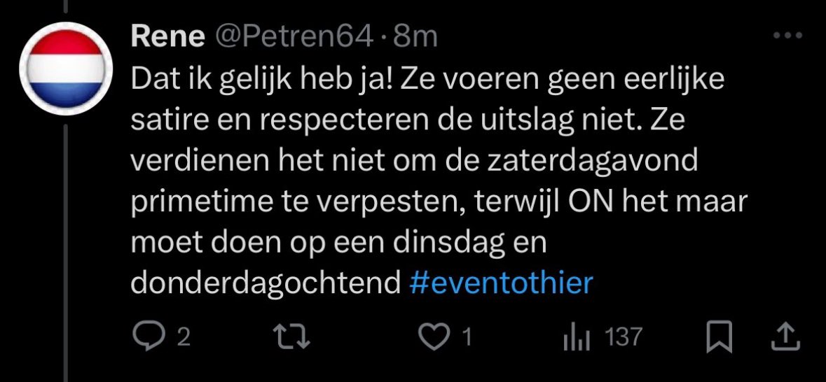 Cute. #Domrechts heeft vier dagen lang iedere vorm van kritiek op het #hoofdlijnenakkoord smalend ‘jAnKeN’ genoemd.

Maar waarvan we óók wisten dat ‘t zou gebeuren: datzelfde domrechts is nu keihard tranen met tuiten aan het janken om de grapjes van #eventothier😭 Orde hersteld✅