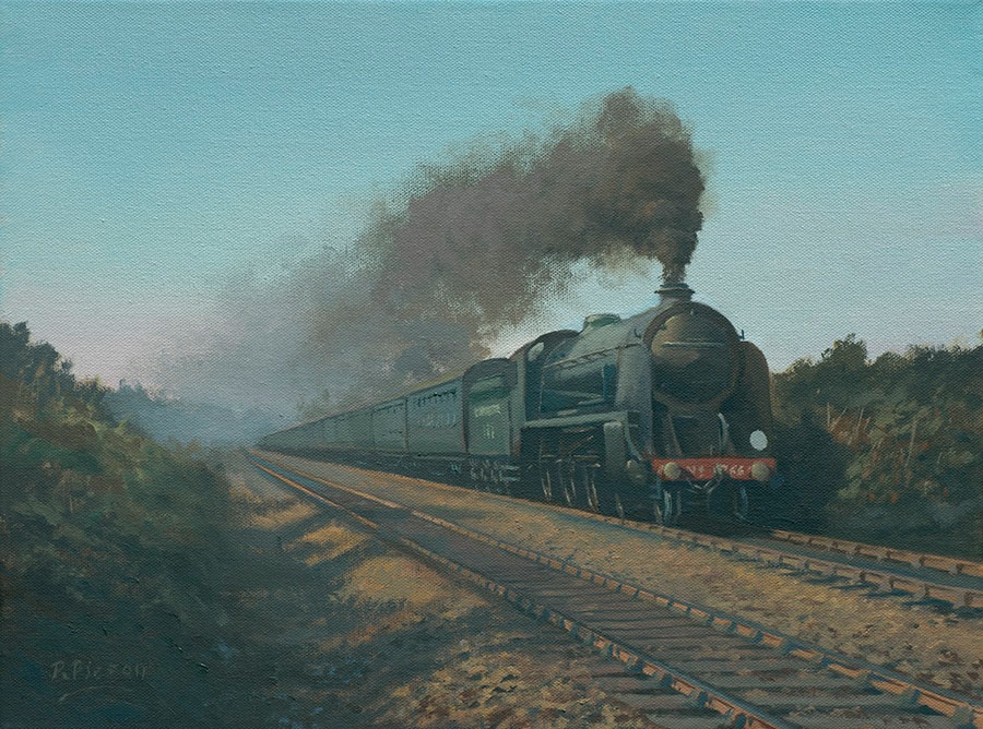 Sir Geraint, a locomotive of the Southern Railway. Oil on Canvas. 16' x 12' Prints, cards etc of this painting are available on the website -redbubble.com/i/art-print/Si…