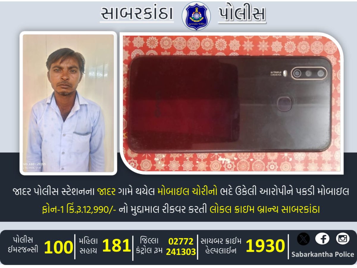 જાદર પોલીસ સ્ટેશનના જાદર ગામે થયેલ મોબાઇલ ચોરીનો ભદે ઉકેલી આરોપીને પકડી મોબાઇલ 
ફોન-1 કિં.રૂ.12,990/- નો મુદ્દામાલ રીકવર કરતી લોકલ ક્રાઇમ બ્રાન્ચ સાબરકાંઠા
#Sabarkanthapolice
@dgpgujarat 
@GujaratPolice 
@IPS_VijayPatel