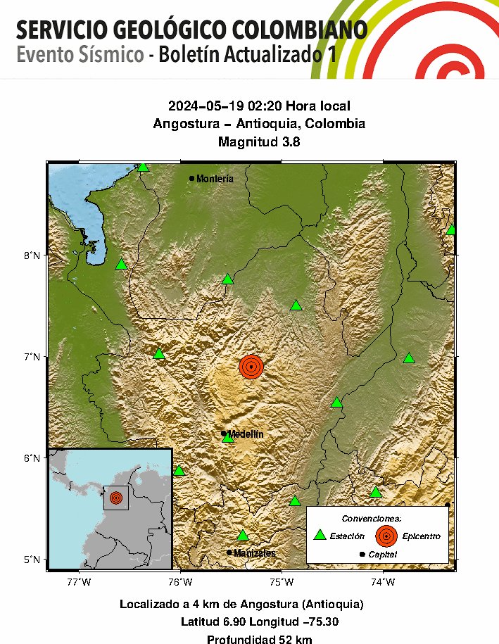 #SismosColombiaSGC Evento Sísmico - Boletín Actualizado 1, 2024-05-19, 02:20 hora local Magnitud 3.8, Profundidad 52 km, Angostura - Antioquia, Colombia ¿Sintió este sismo? repórtelo sismosentido.sgc.gov.co sgc.gov.co/sismos #NoticiaEnDesarrollo #Temblor