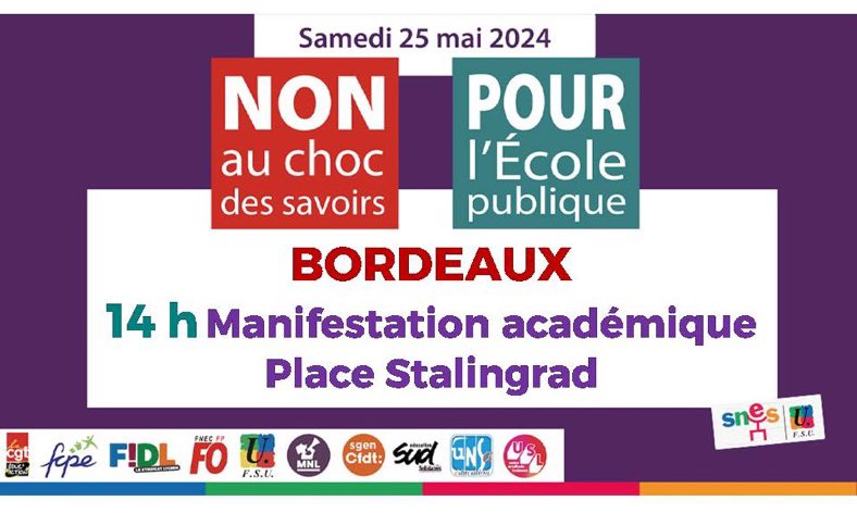 Mobilisation nationale pour l’École Publique.
Les enseignants et parents de toute l’académie se rassembleront à #Bordeaux #Gironde 
💪Rejoignez-nous!✊
#NonAuChocDesSavoirs #NousNeTrieronsPasNosEleves
