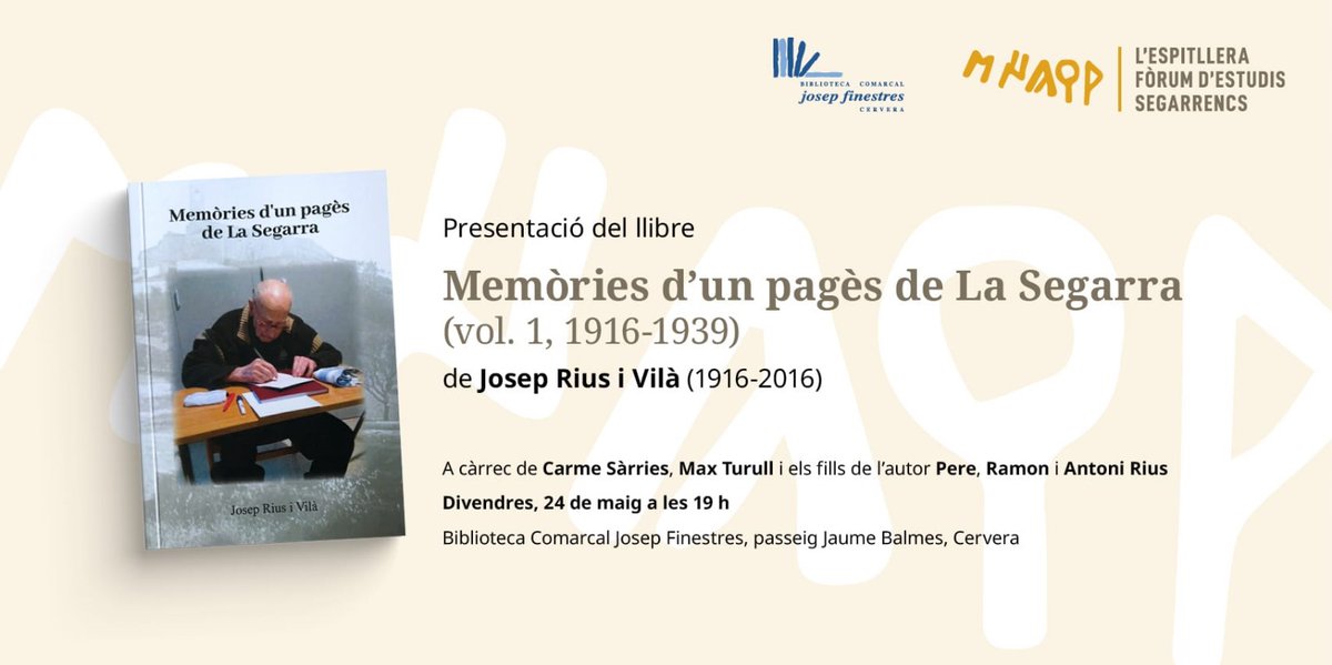 mdolorssarries's tweet photo. Aquest divendres no hi falteu! "Memòries d'un pagès de la Segarra" de Josep Rius. Biblioteca Josep Finestres de Cervera.
Serà molt interessant https://t.co/NGbb44nakR