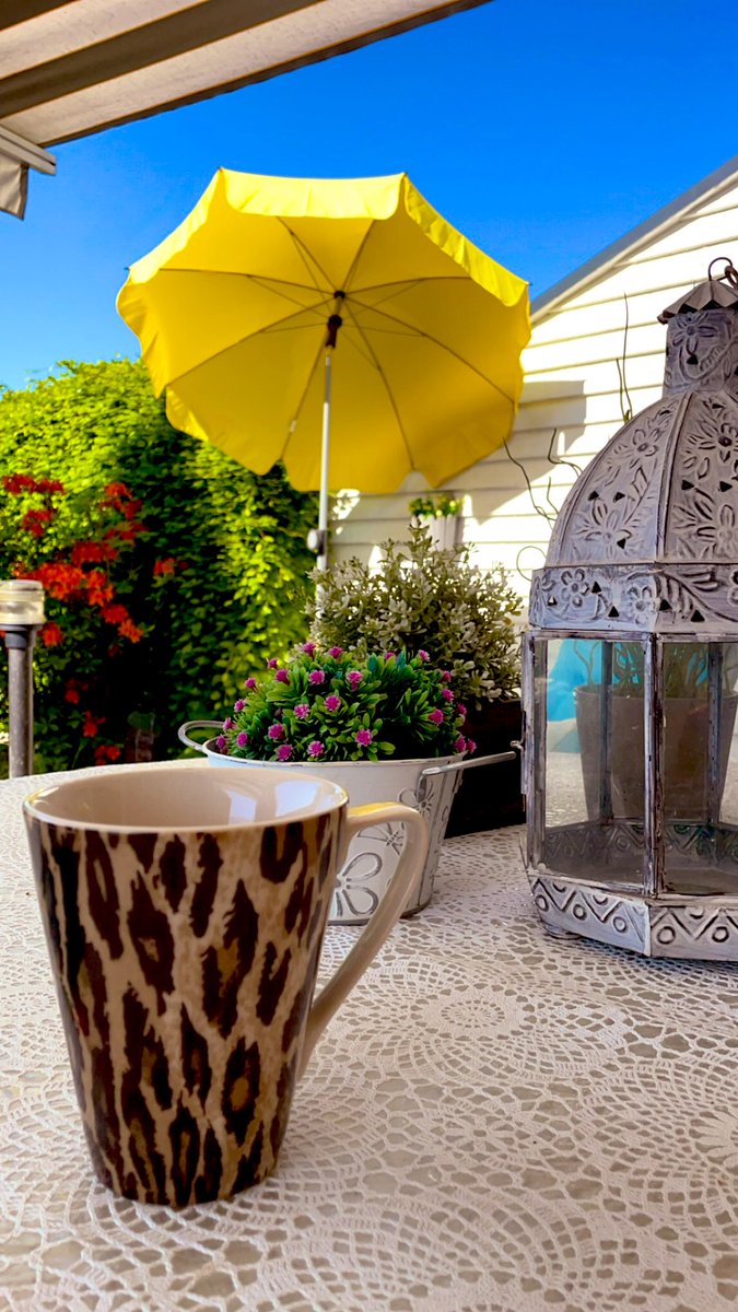 Naboparasollen på plads. Kaffe, fuglene der kvidrer i baggrunden, sol, søndag og en smule superliga. 
Nyd jeres dag☀️