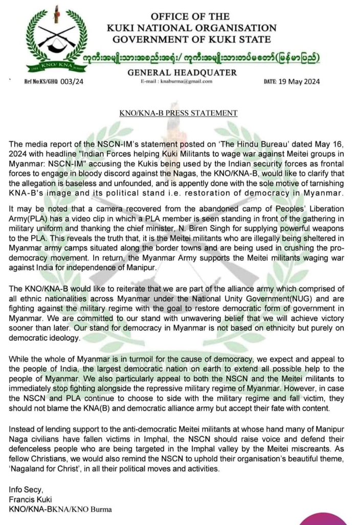 KNA-B denies NSCN-IM’s allegations. Warns not to support the Military Junta in Myanmar or accept their fate with content. Reminds them to uphold their organisation's beautiful theme, ‘Nagaland for Christ', in all their political moves and activities. @NIA_India @HMOIndia