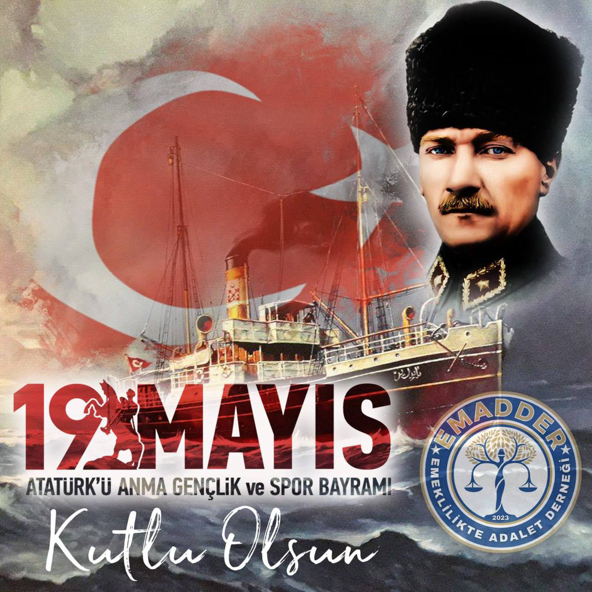 19 Mayıs Atatürk'ü Anma, Gençlik ve Spor Bayramı'mız kutlu olsun.'
🇹🇷NE MUTLU TÜRKÜM DİYENE 🇹🇷
#19MayısGenclikveSporBayramı🇹🇷
#19Mayıs1919 🇹🇷
#MustafaKemalAtatürk🇹🇷
#SonsuzaDekMinnettarız🇹🇷
#İyikiAtatürk 🇹🇷
#19MayısGururla🇹🇷
 #ParolamızKademeliEmeklilik