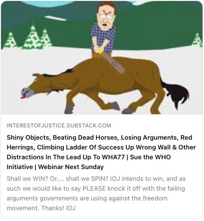 ⚖️💥 Shiny Objects, Beating Dead Horses, Losing Arguments, Red Herrings, Climbing Ladder Of Success Up Wrong Wall & Other Distractions In The Lead Up To WHA77 | Sue the WHO Initiative | Webinar Next Sunday #ExitTheWHO #SueTheWHO #StopGlobalCensorship #StopAgenda2030