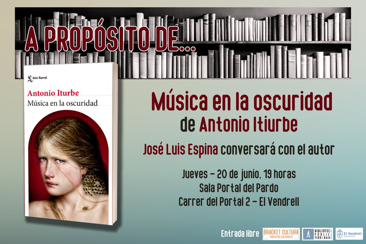 José Luis Espina (@jlespina) on Twitter photo Si el otro día os animaba a leerlo hoy os invito a escucharlo. Nos vemos el jueves día 20 de junio a las 19 horas en la sala Portal del Pardo de El Vendrell donde charlaremos con <a href="/toniiturbe/">Antonio Iturbe</a> sobre “Música en la oscuridad” (<a href="/Seix_Barral/">Seix Barral</a> ).
Inscripción forms.gle/Fy6cdxTf6jmv6C… Si el otro día os animaba a leerlo hoy os invito a escucharlo. Nos vemos el jueves día 20 de junio a las 19 horas en la sala Portal del Pardo de El Vendrell donde charlaremos con <a href="/toniiturbe/">Antonio Iturbe</a> sobre “Música en la oscuridad” (<a href="/Seix_Barral/">Seix Barral</a> ).
Inscripción forms.gle/Fy6cdxTf6jmv6C…